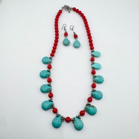 Turquoise & Red Coral Beaded Necklace Set Teardrop Toggle Earrings Southwestern - Picture 6 of 16